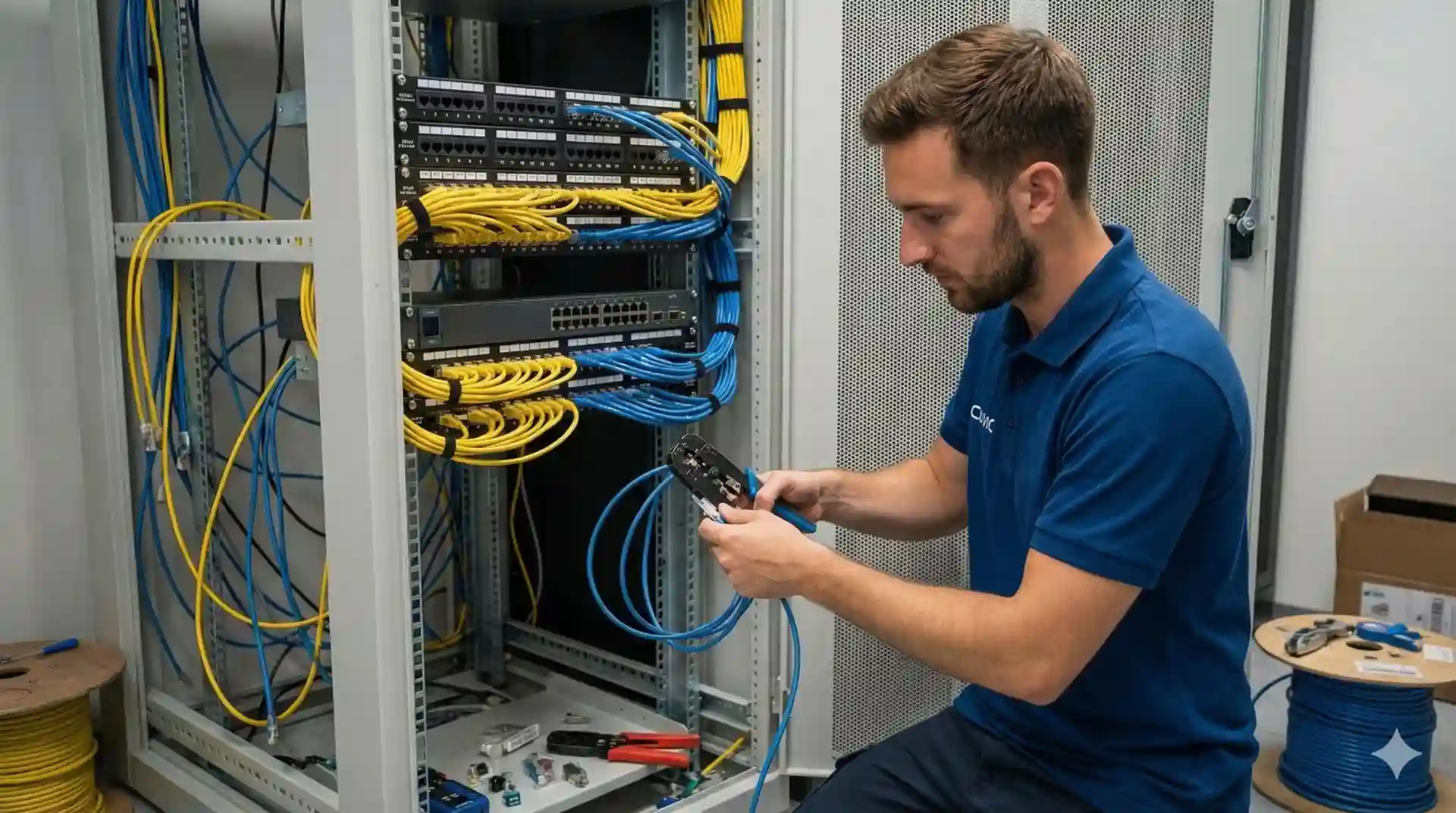 Técnico CUVIC trabajando en rack de telecomunicaciones