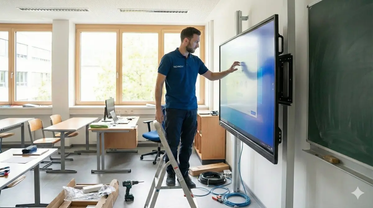 Técnico instalando pantalla interactiva en aula