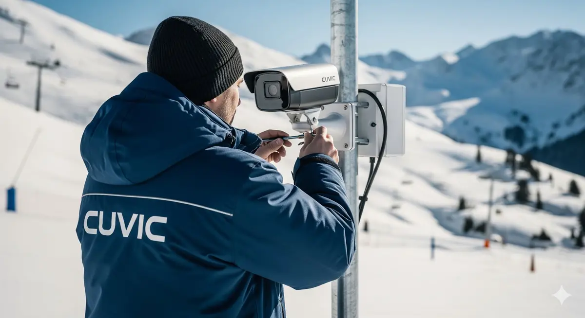 Técnico CUVIC instalando cámara de videovigilancia en estación de esquí